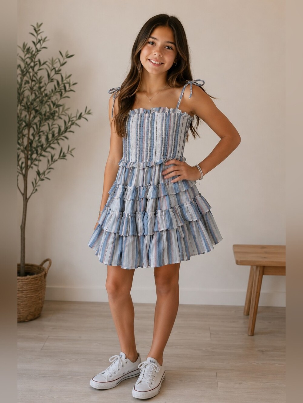 Storia Blue and White Striped Smocked Tiered Dress with Tie Straps